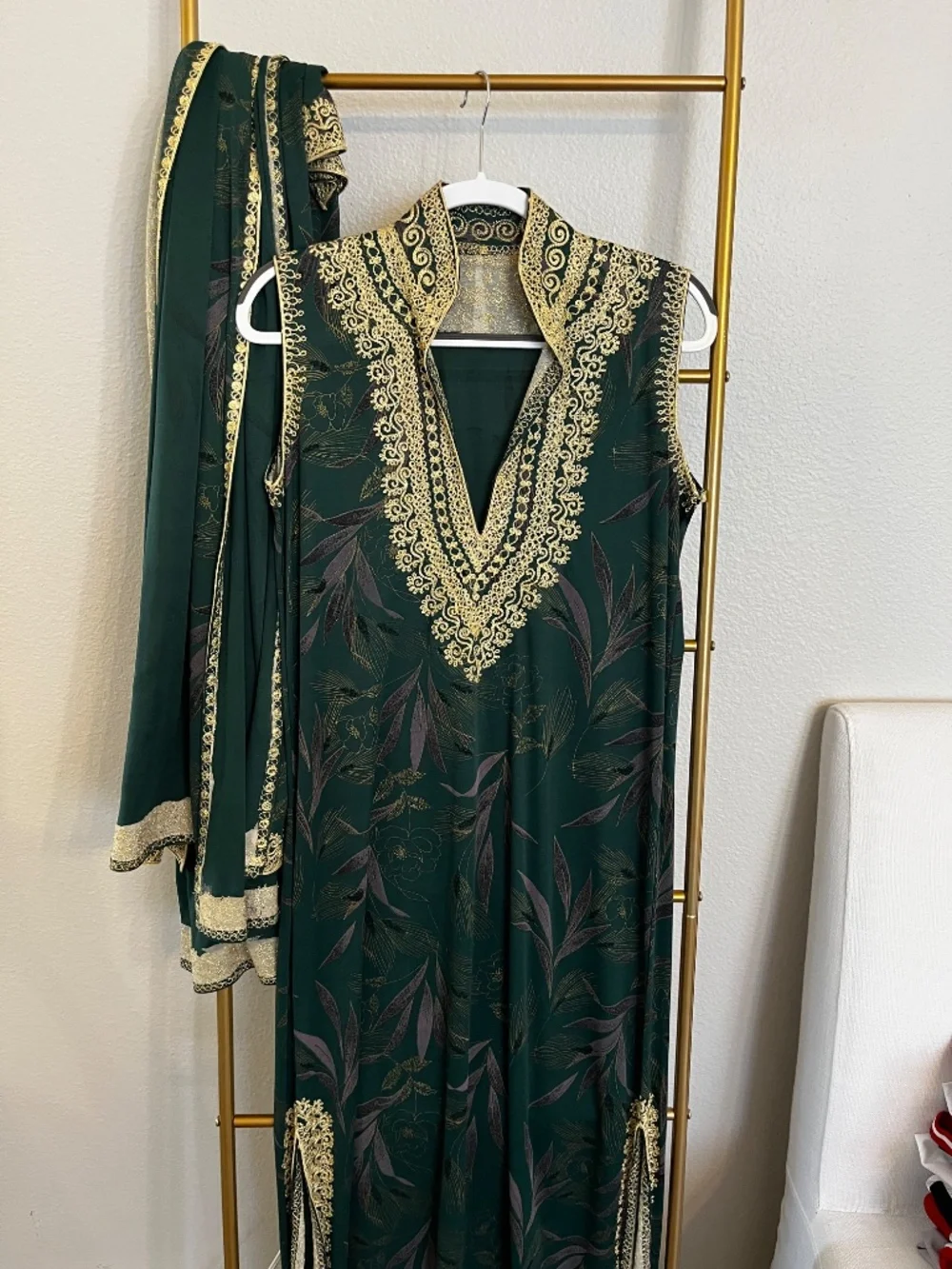 Vintage Emerald Green Embroidered 3 Piece Kaftan Set Maxi Dress Robe Scarf